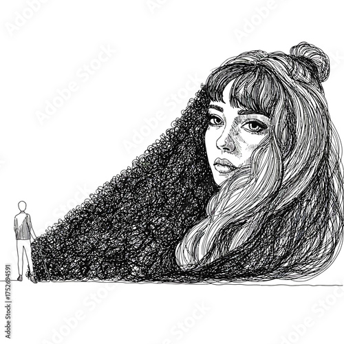 Vector art of surreal illustration of a womans face emerging from voluminous hair, with a small man standing nearby