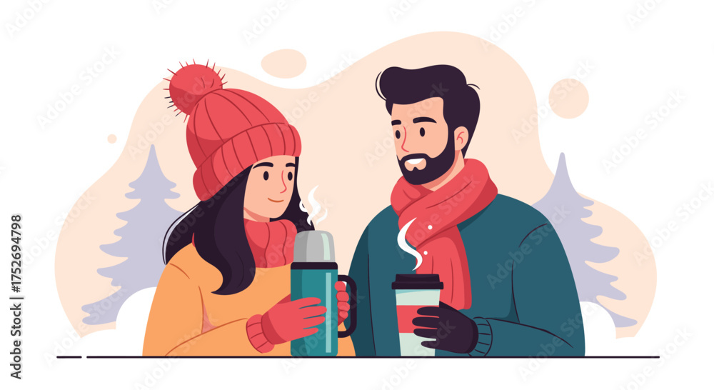 Fototapeta premium A couple bundled up in winter attire, sharing a warm beverage while enjoying the snowy outdoors, creating a cozy and heartwarming scene.