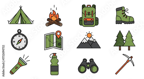Camping and hiking equipment collection of outdoor adventure gear tourist equipment for travel, summer vacation, camping trip vector illustration
