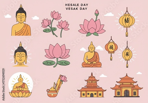 Celebrate Vesak Day with peaceful Buddha illustrations, lotus flowers, and glowing lanterns, perfect for promoting mindfulness and spiritual reflection