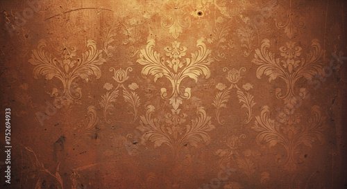 A seamless vintage brown wood texture with a floral damask wallpaper pattern and an antique gold illustration for a retro backdrop