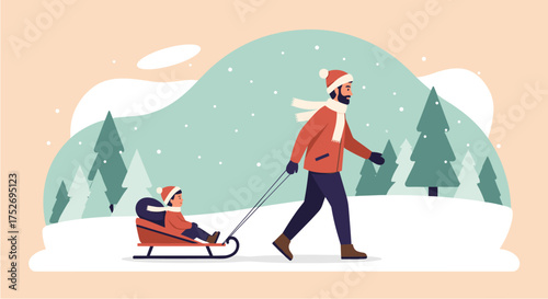 A father joyfully pulls his child on a sled through a snowy winter landscape, creating a heartwarming scene of family fun and seasonal adventure.