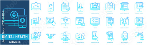 DIGITAL HEALTH SERVICES Icon Set containing telemedicine, health app, health insurance, telehealth, online pharmacy, online counseling icons. Outline gradient style collections.