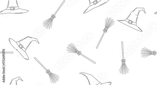 Seamless outlined pattern of witch hats and brooms on white backdrop, concept for Halloween background decoration, spooky invitation, and thematic wallpaper illustration