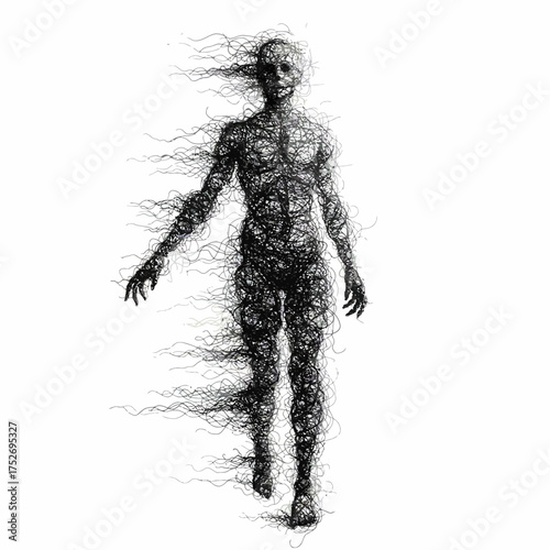 Vector art of a dark, abstract figure composed of swirling black ink or particles, appearing to disintegrate or form