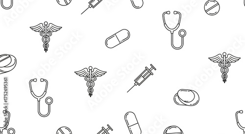 Seamless outline pattern with medical elements like caduceus, stethoscope, pills and syringe on white backdrop. Concept for healthcare design, pharmaceutical industry and medical presentation
