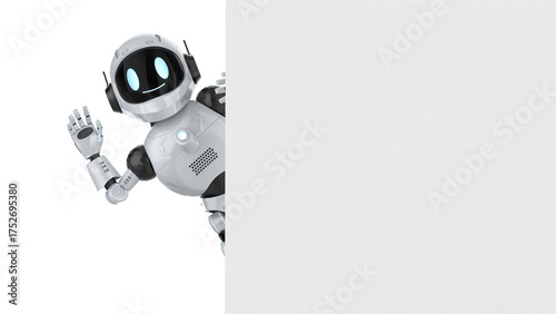 Cute and small artificial intelligence personal assistant robot hand up with white empty wall