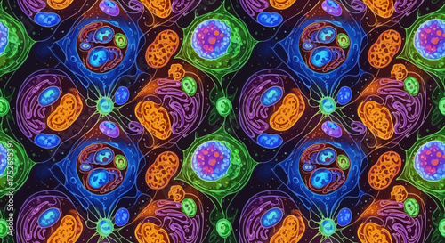 Abstract seamless pattern displaying cells with organelles and nucleus in vivid, bright colors. Concept for scientific presentations, biological backgrounds and educational materials