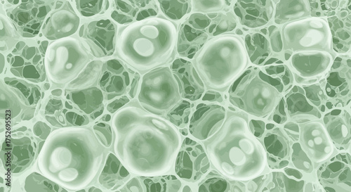 Green abstract cellular pattern with translucent bubbles and intricate connecting network structure, concept for medical research, scientific visualization and natural science illustration