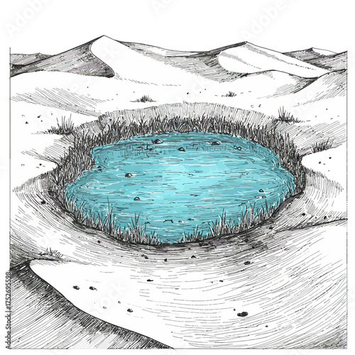 Vector art of oasis in the desert with sand dunes and a body of water, surrounded by dry grass and sparse vegetation
