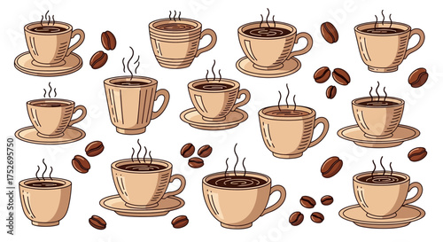 Seamless pattern with coffee cups and beans on a white background. Concept for cafe menu, restaurant promotion and coffee shop decoration