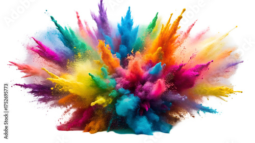 Explosion of vibrant holi powder colors in midair, isolated on transparent background