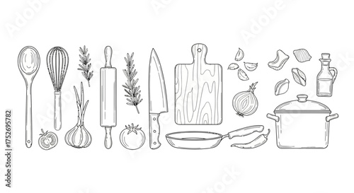 Hand drawn kitchenware illustration with wooden spoon, knife, cutting board and food ingredients, concept for culinary arts, cooking blog design and restaurant menu decoration