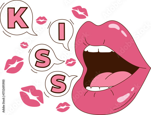 Love Lips Clipart, Mouth Speaking the Word KISS, Pink Speech Bubble, Funny Romantic Art for Valentine Design
