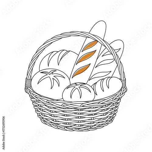 Vector art of a woven basket filled with various types of bread, including baguettes and round loaves, presented as a line art illustration with a touch of color on a