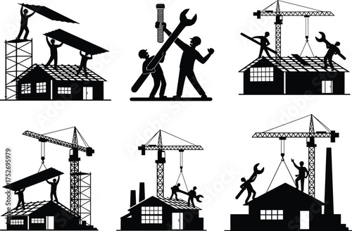Industrial construction workers silhouette set operating cranes, lifting materials, and welding metal structures, black vector illustration for engineering, petrochemical, and heavy industry projects.
