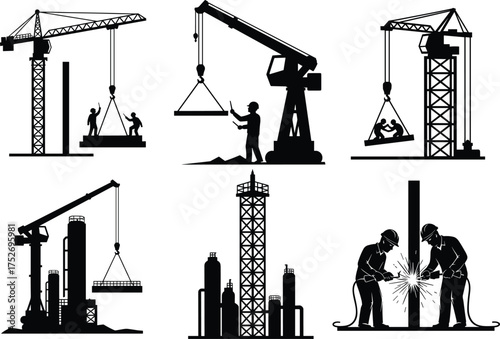 Industrial workers silhouette set operating cranes, installing light towers, and rigging equipment at night, black vector illustration for heavy construction, late shifts.
