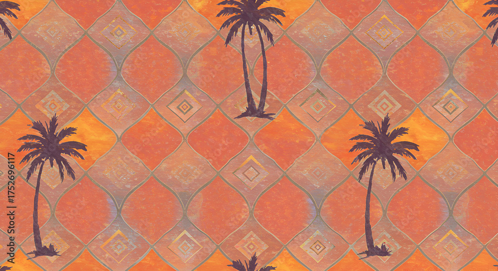 Seamless vector pattern with Moroccan palm trees on a tropical beach at sunset, a perfect summer design illustration for your travel holiday in paradise