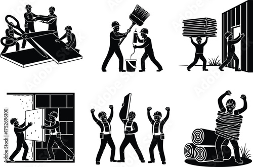 Excavator machine and pipeline workers silhouette set lifting large pipes, digging, and placing materials, vector illustration for heavy construction, infrastructure.