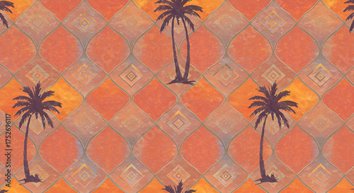 Seamless vector pattern with Moroccan palm trees on a tropical beach at sunset, a perfect summer design illustration for your travel holiday in paradise