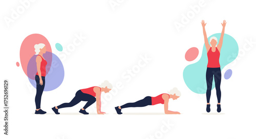 An older woman performs a four-step exercise routine demonstrating a burpee variation.