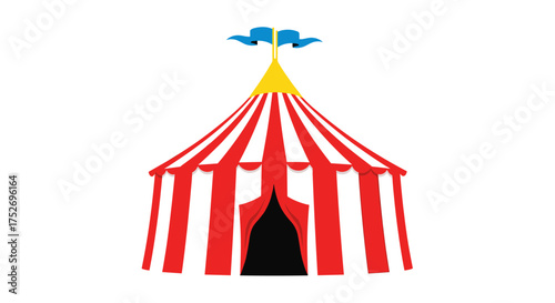 A vibrant red and white striped circus tent with a yellow top and blue flags stands proudly under a bright sky.