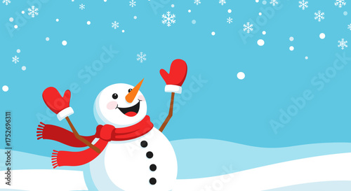 A cheerful snowman enjoys a beautiful winter snowfall with falling snowflakes all around and a bright blue sky.