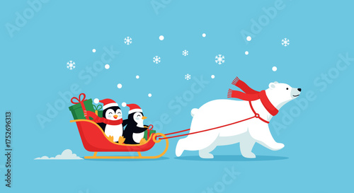 Cute penguins wearing santa hats enjoy a sleigh ride pulled by a polar bear in the snow.