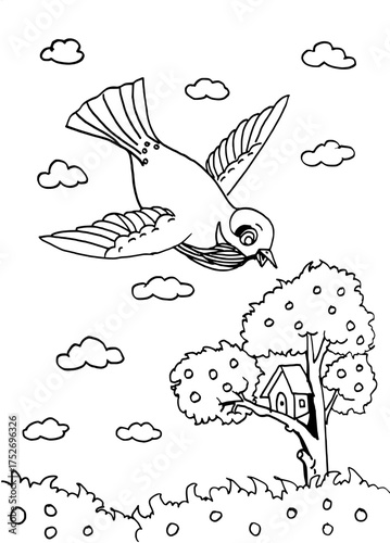 Flying Bird Above Treehouse – Line Art Coloring Page