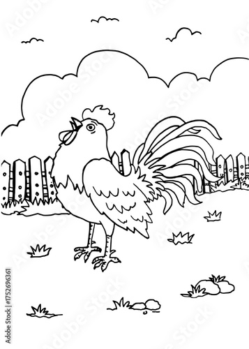 Crowing Rooster in Farmyard – Line Art Coloring Page