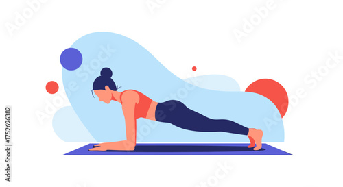Woman performing a plank exercise on a yoga mat in a health-conscious setting.
