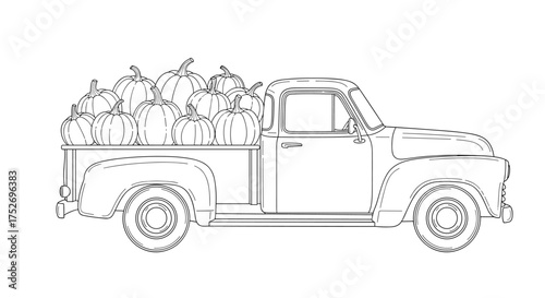 Vintage truck overflowing with a bountiful harvest of pumpkins ready for fall festivities.