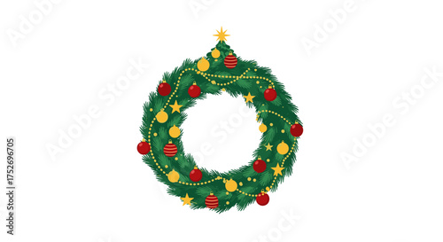 A festive green Christmas wreath adorned with red and gold baubles and twinkling lights.