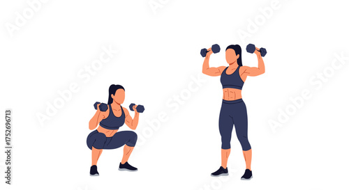 Two women performing dumbbell exercises with one squatting and the other pressing weights overhead.