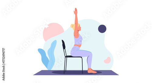 A woman performing a seated yoga pose with her arms raised toward the ceiling.