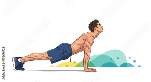 A muscular man performing a dynamic chest and arm exercise for core strength.
