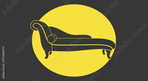 A minimalist black chaise lounge is depicted on a bright yellow circle background with a dark gray backdrop.
