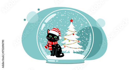 A charming black cat wearing a Santa hat and scarf sits inside a snow globe next to a decorated Christmas tree.