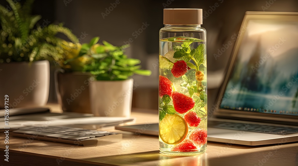 Fototapeta premium Infused Water Bottle with Fruits on a Desk with Laptop and Plants