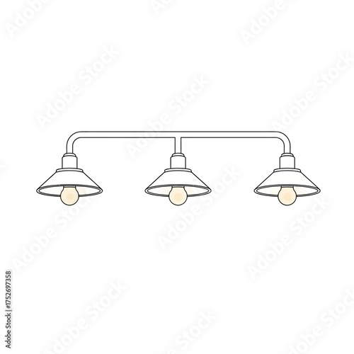 Vector art of a simple line drawing of a threelight vanity light fixture with conical shades and exposed bulbs