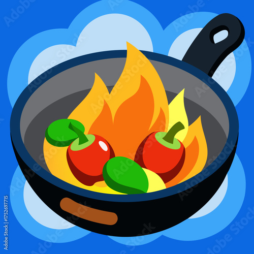 A pan of cooking peppers with fire and a blue background