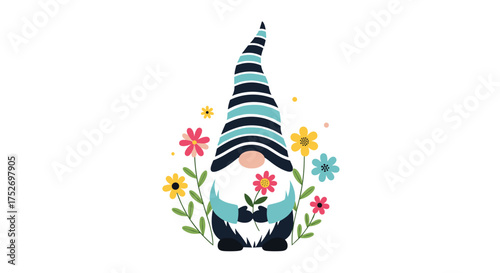 A charming gnome with a blue striped hat holding a pink flower surrounded by colorful blossoms.