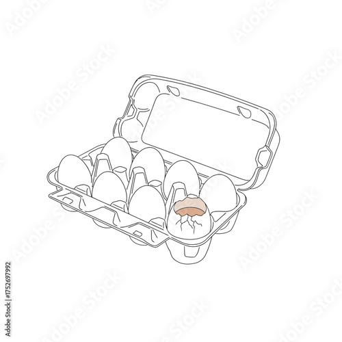 Vector art of a line art illustration of a carton of a dozen eggs, with one egg cracked open, isolated on a, ideal for representing breakfast, cooking, or grocery themes