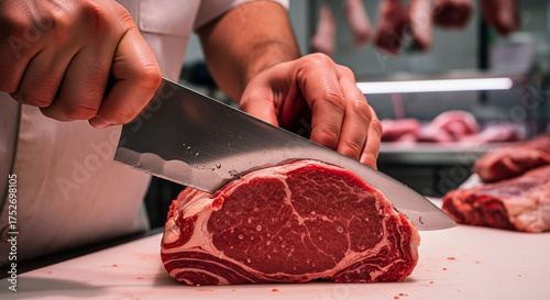 Sharp blade slices tender ribeye