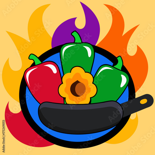 Colorful Peppers and Flower Cooking in a Cast Iron Pan