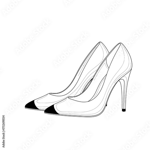 Vector art of a minimalist line drawing of a pair of elegant highheeled shoes with pointed toes and black tips, isolated on a, suitable for fashion, style, or footwear concepts