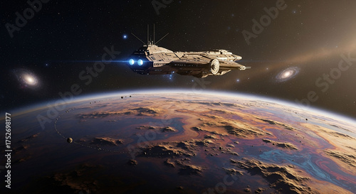 Spaceship over alien planet cosmic vista