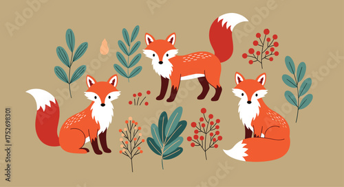 Three cute foxes amidst foliage and berries in a charming woodland scene.