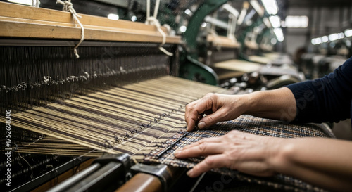 Textile craftsman weaving fabric on loom