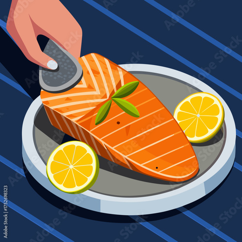 Hand seasoning grilled salmon fillet on a plate